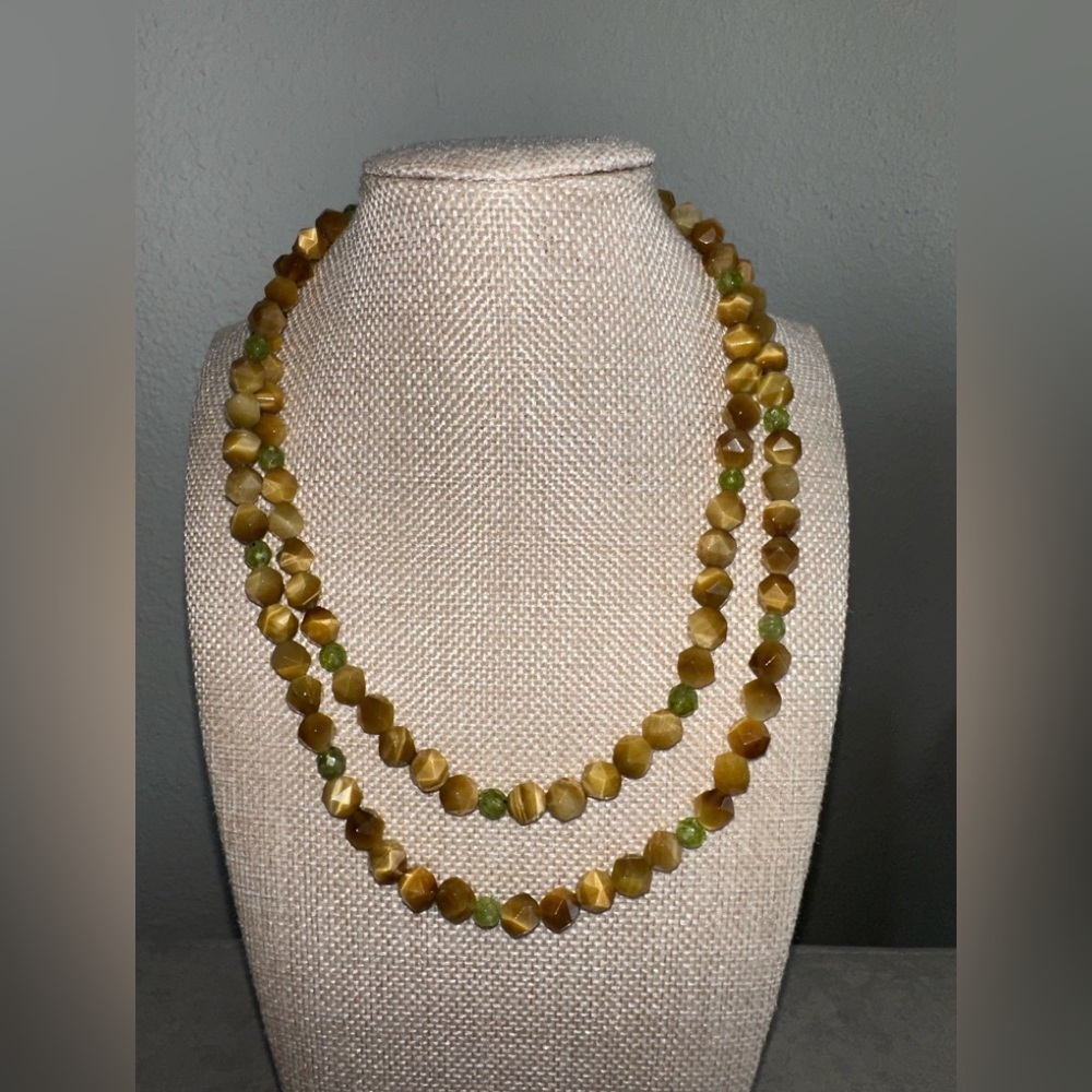 Tiger eye with peridot accents long single strand necklace by Jay King